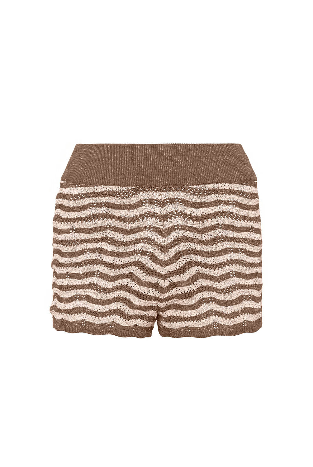 Brown and beige striped shorts on a white background