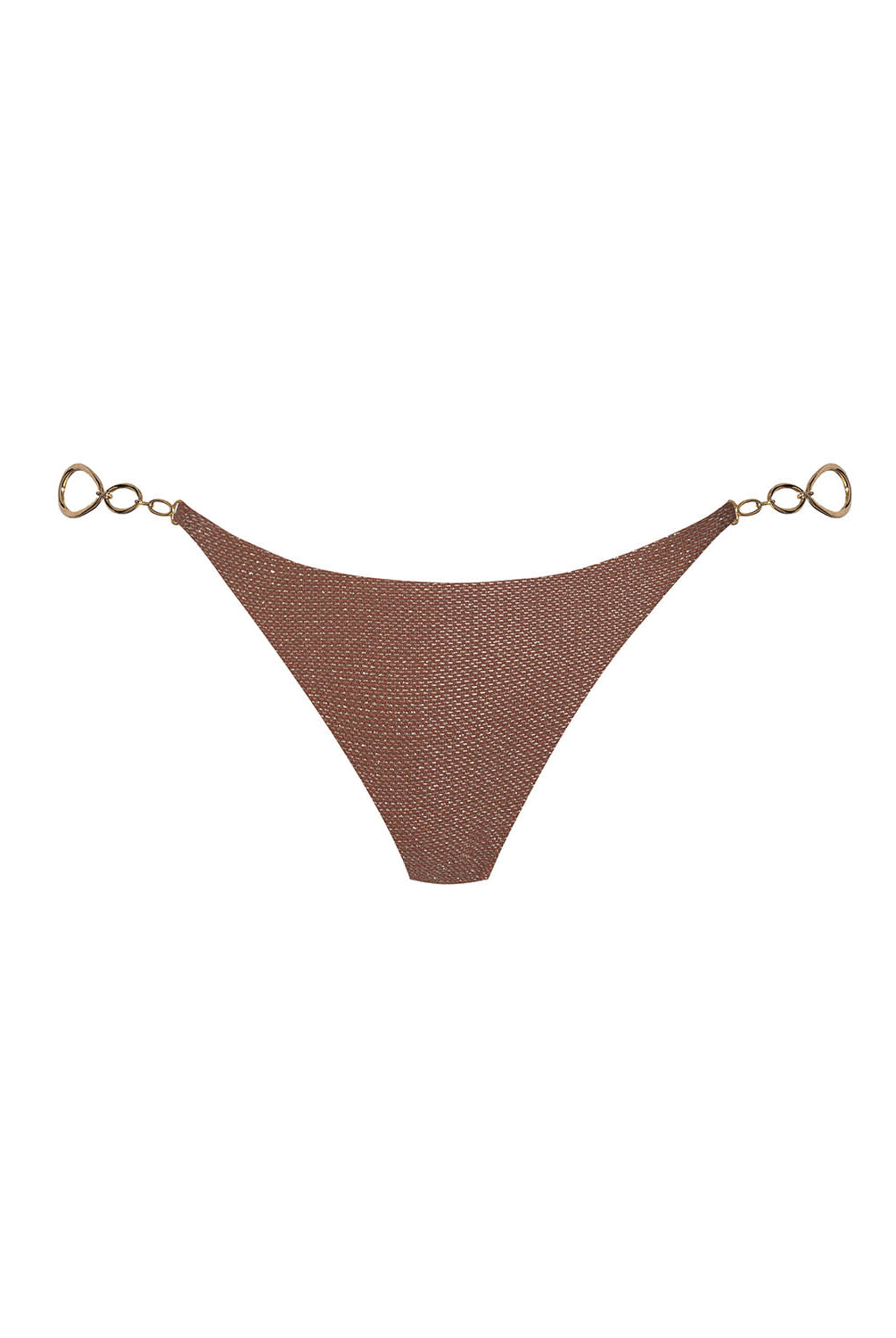 Brown bikini bottom with gold hooks on a white background