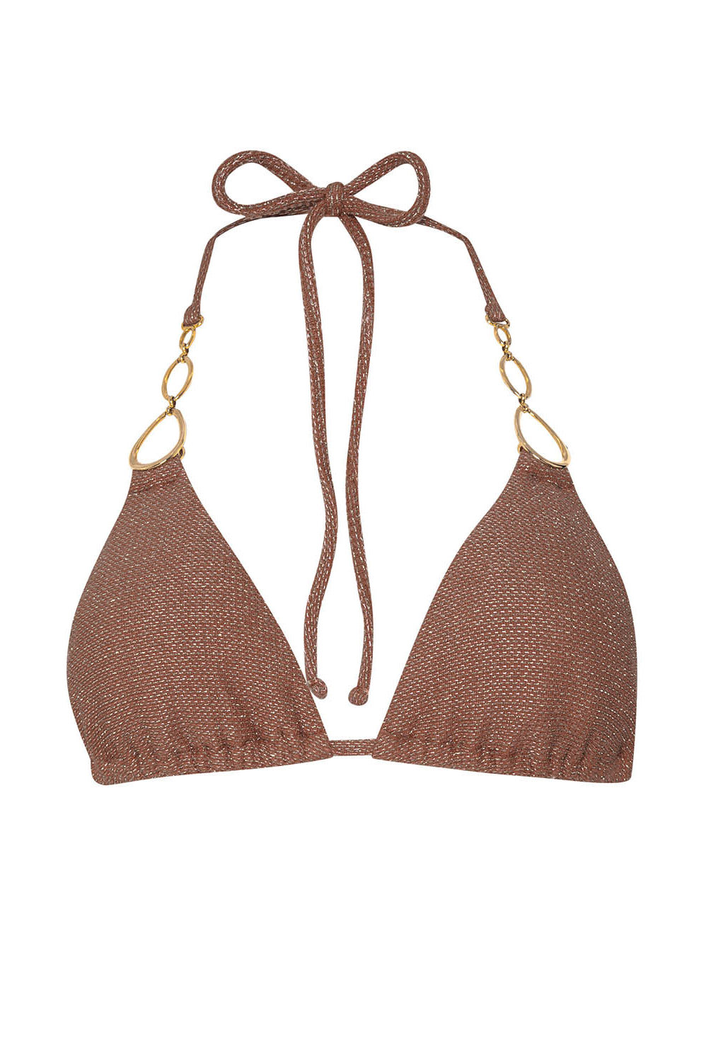 Brown bikini top with string ties on a white background