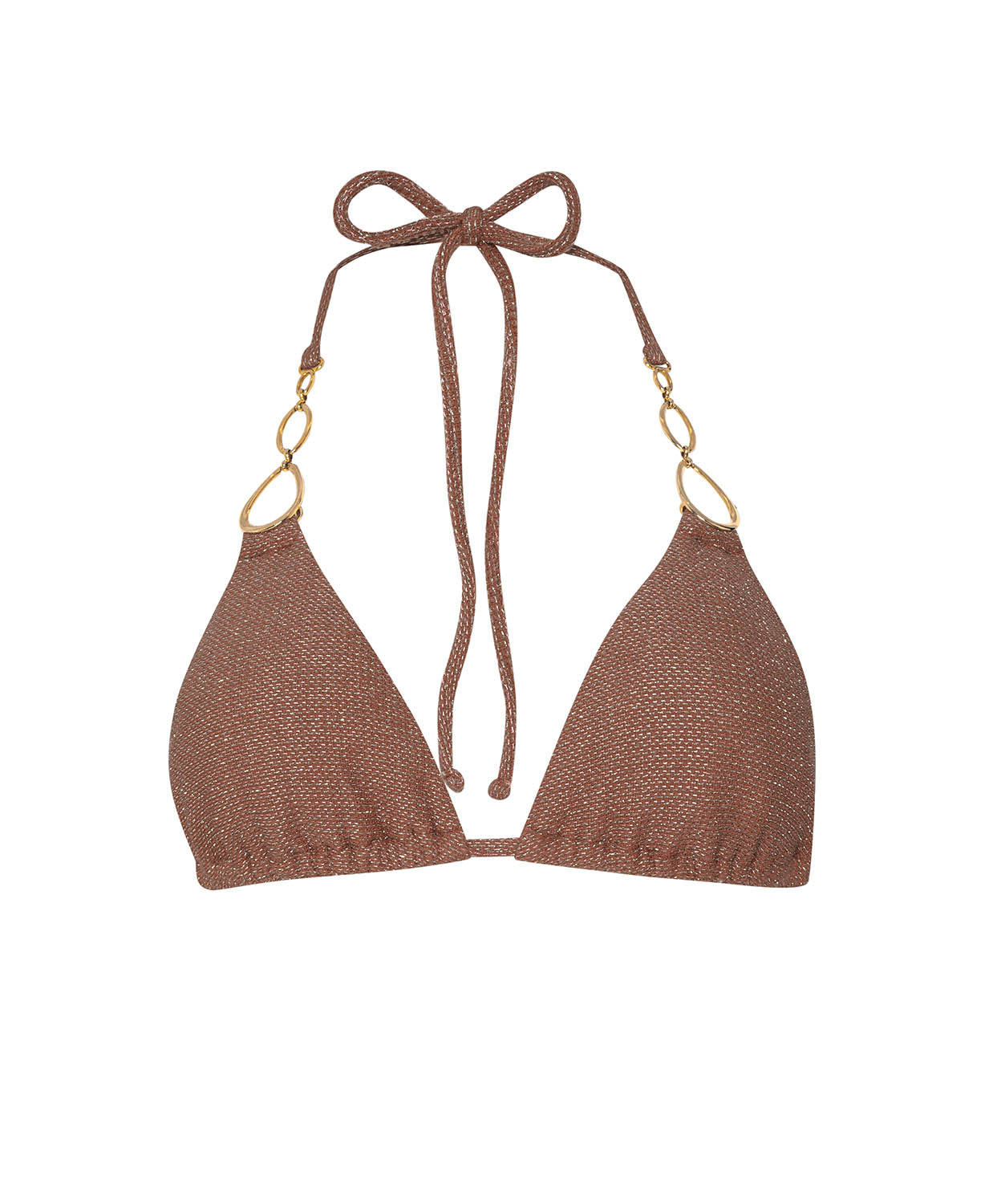 Brown bikini top with string ties on a white background