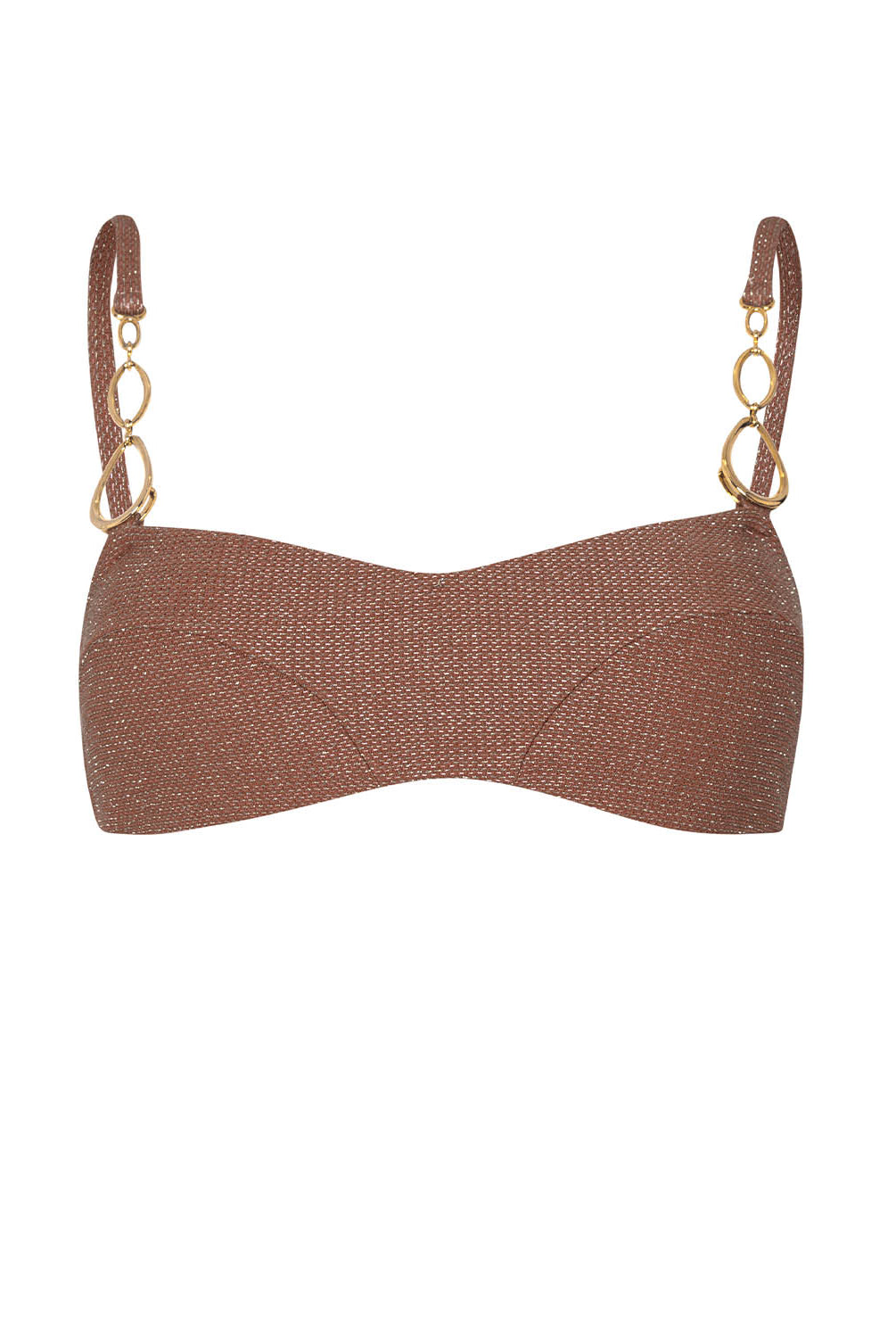 Brown bikini top with gold chain straps on a white background