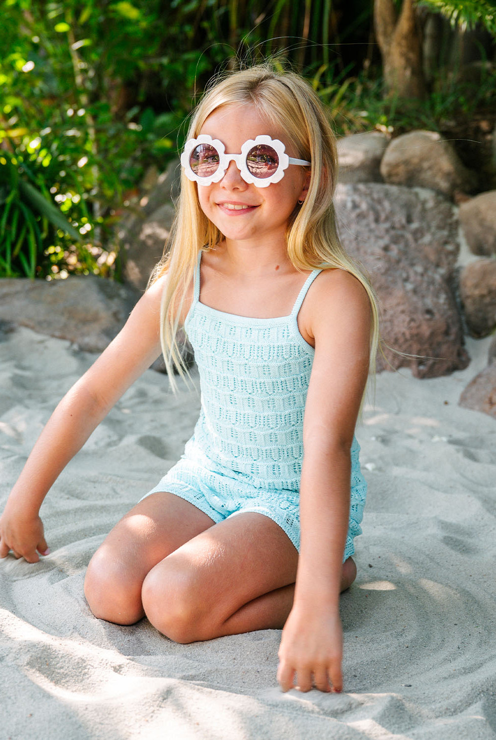 Kids Ice Blue Milo Set – soft crochet knit halter top and shorts in sky-blue, perfect for sunny days and seaside adventures.