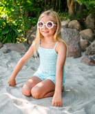Kids Ice Blue Milo Set – soft crochet knit halter top and shorts in sky-blue, perfect for sunny days and seaside adventures.