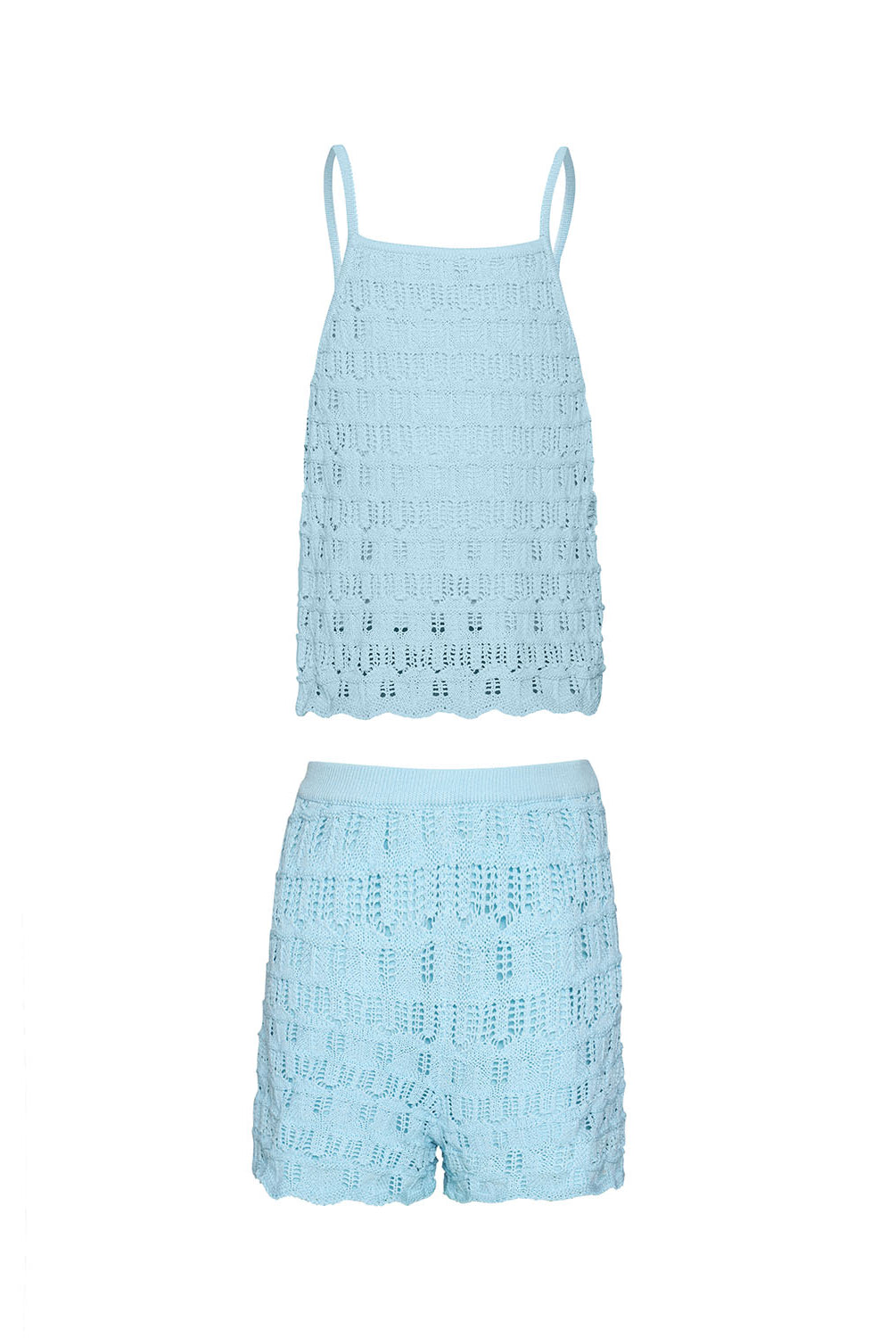 Kids Ice Blue Milo Set – soft crochet knit halter top and shorts in sky-blue, perfect for sunny days and seaside adventures.