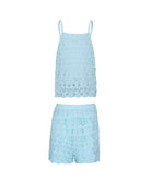 Kids Ice Blue Milo Set – soft crochet knit halter top and shorts in sky-blue, perfect for sunny days and seaside adventures.