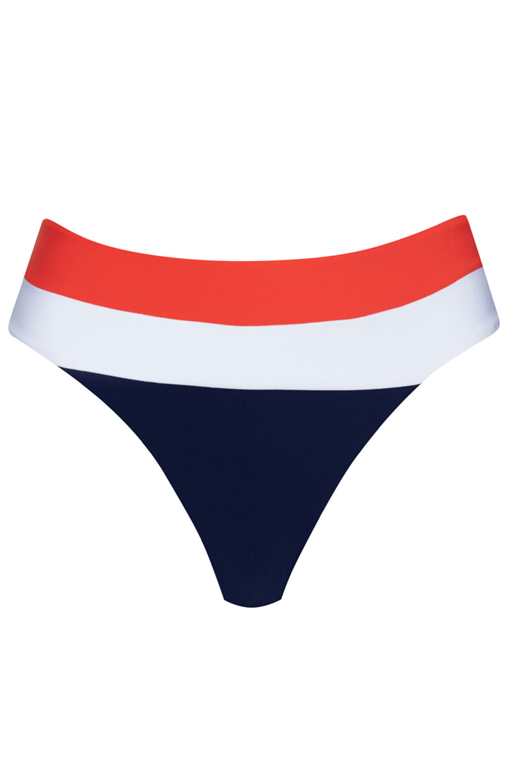 A red, white, and navy bikini bottom against a white wall.