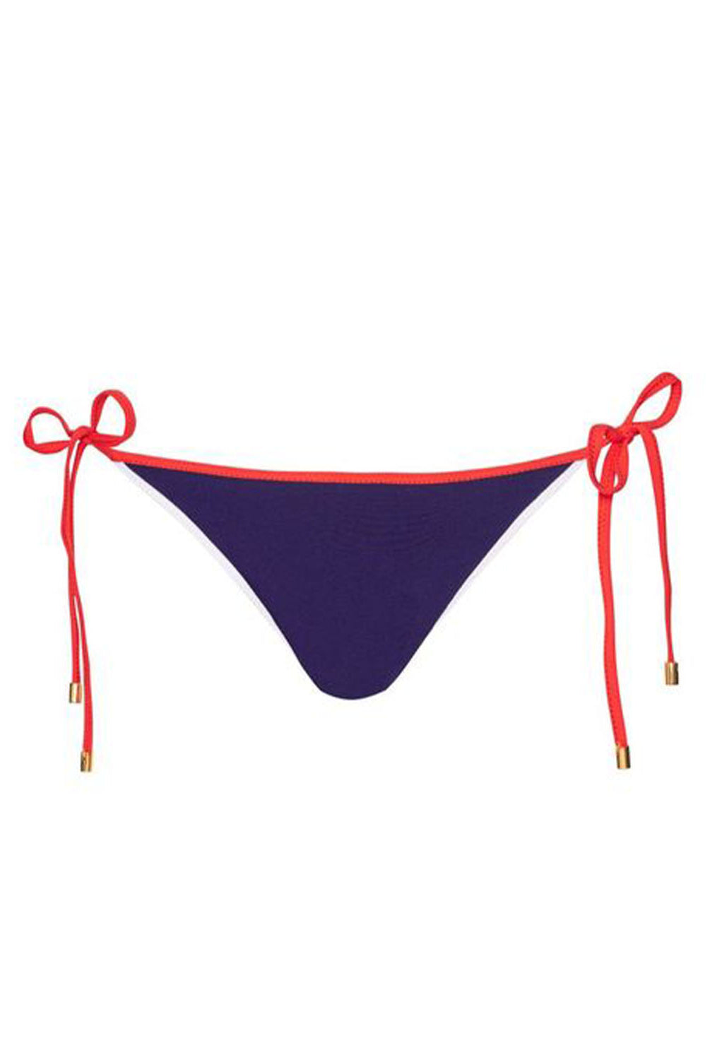 A navy bikini bottom with red tie sides against a white wall.