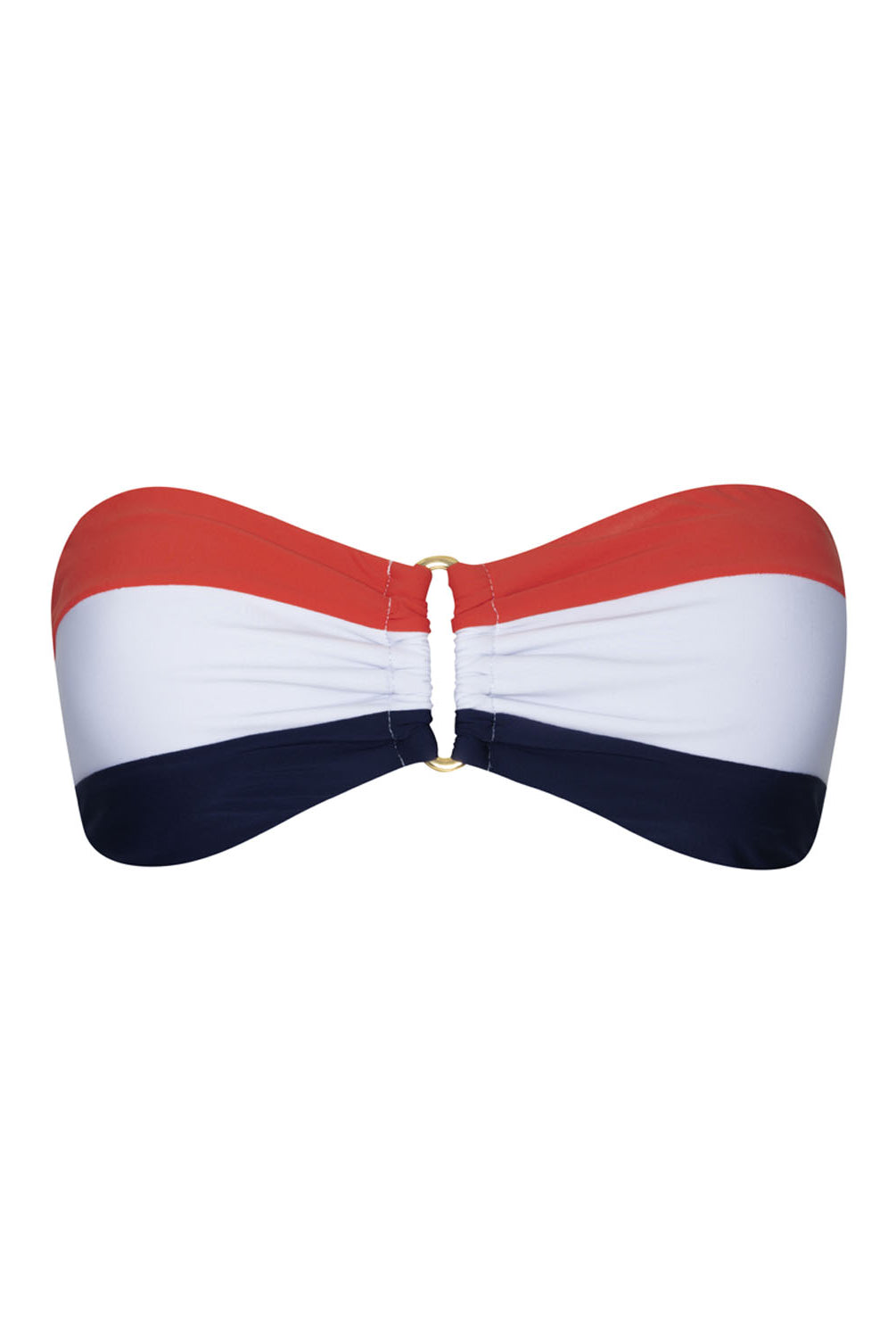 A red, white, and navy striped bandeau bikini top against a white wall.