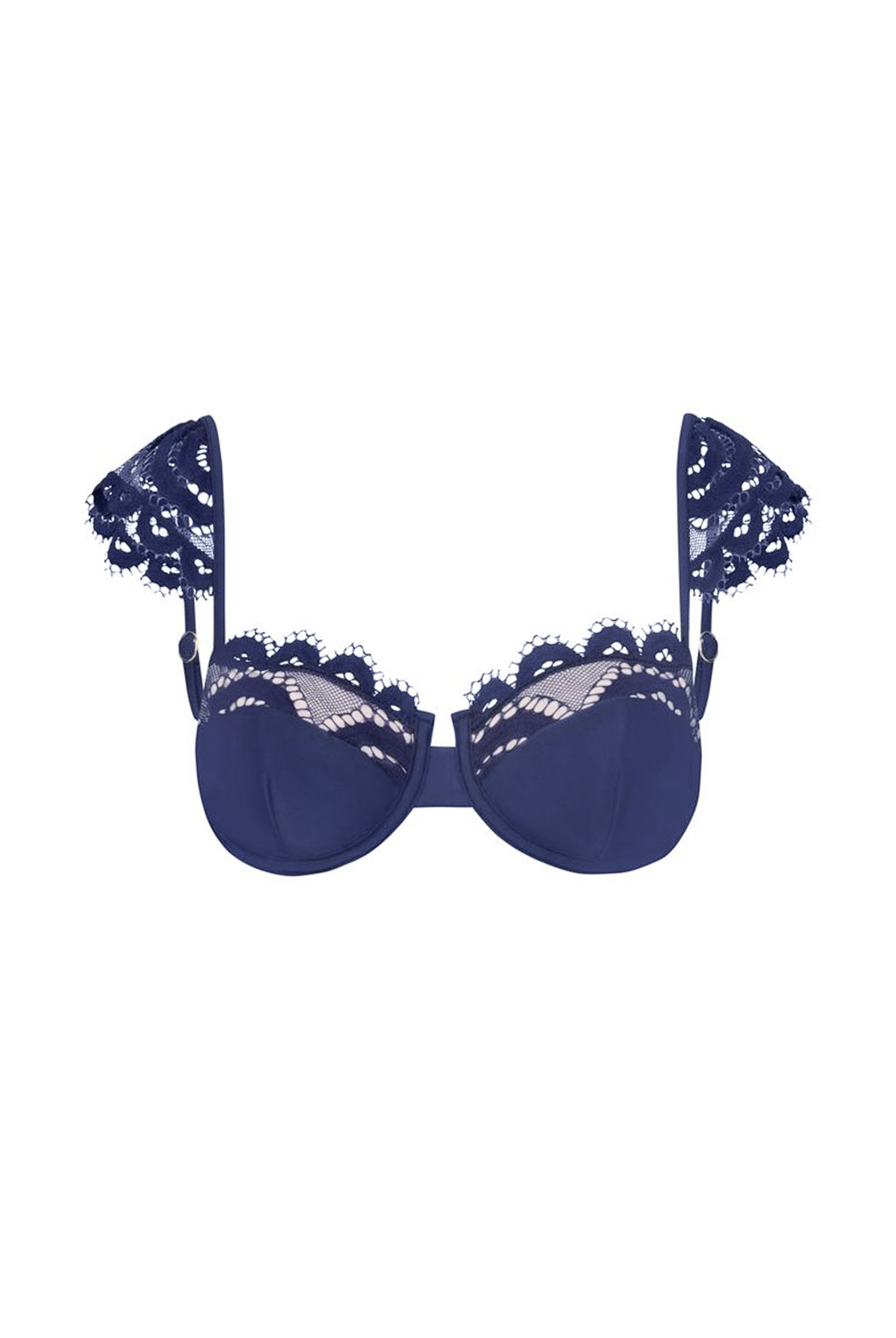 A navy blue underwire bikini featuring intricate lace trim along the cups and shoulder straps, displayed against a solid white background.