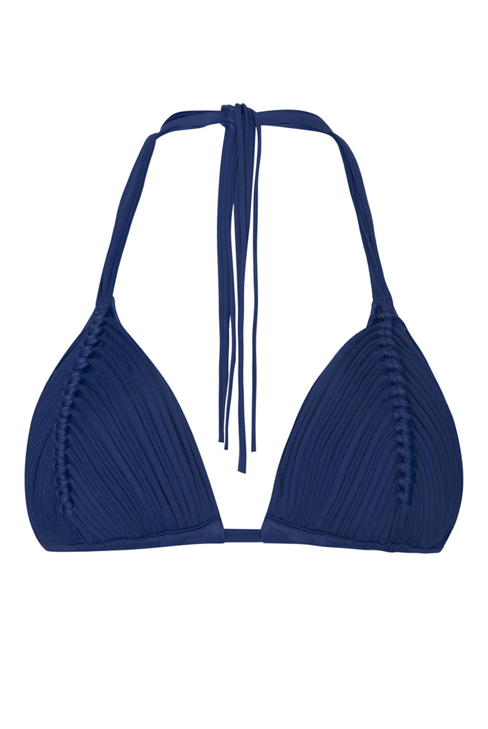 Navy blue Isla triangle bikini top featuring intricate handwoven macrame detailing
