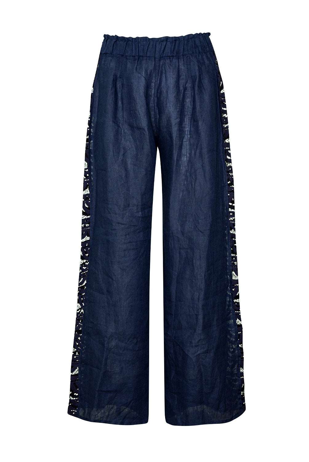 Navy Jace Lace Pant in airy navy linen with hand-cut lace side panels and a ruched waistband for a feminine, resort-ready look.