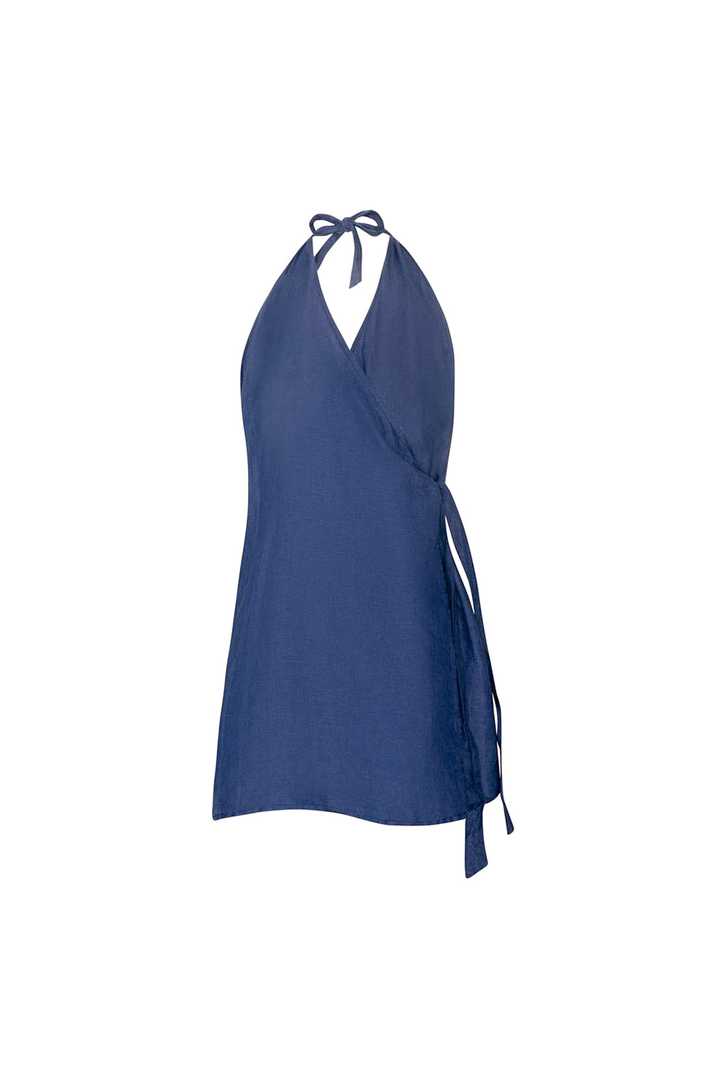 A navy blue halter wrap top with side tie details, displayed on a clean white background.