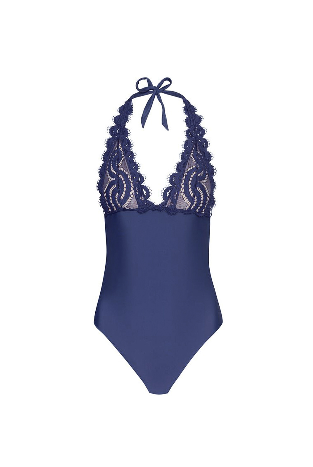 A navy blue one-piece swimsuit with a halter neckline, featuring intricate floral lace trim along the neckline and a small bow at the top, displayed against a solid white background.