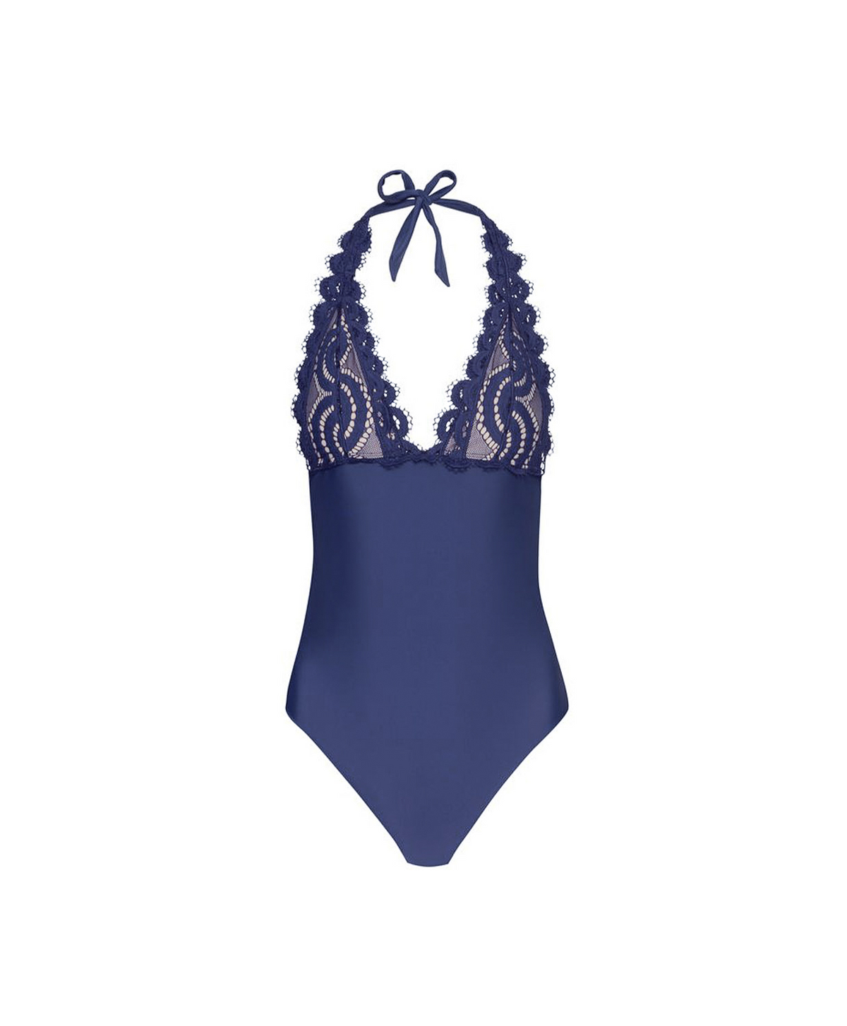 A navy blue one-piece swimsuit with a halter neckline, featuring intricate floral lace trim along the neckline and a small bow at the top, displayed against a solid white background.