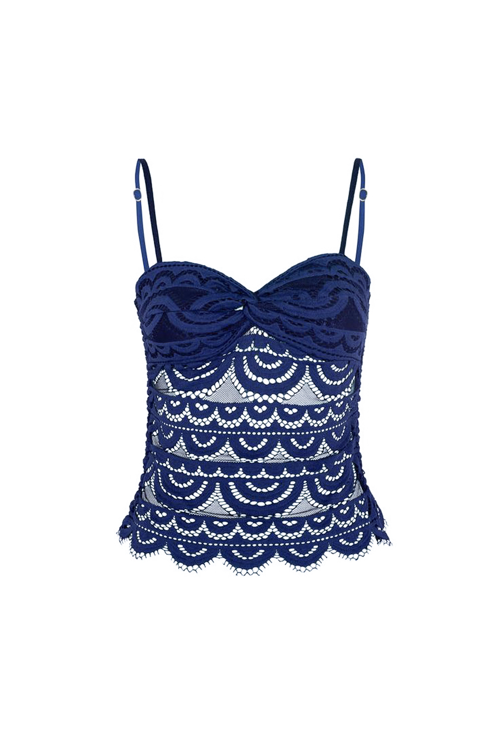A navy blue lace top with thin shoulder straps, a sweetheart neckline, and a scalloped lace pattern, shown against a plain white background.