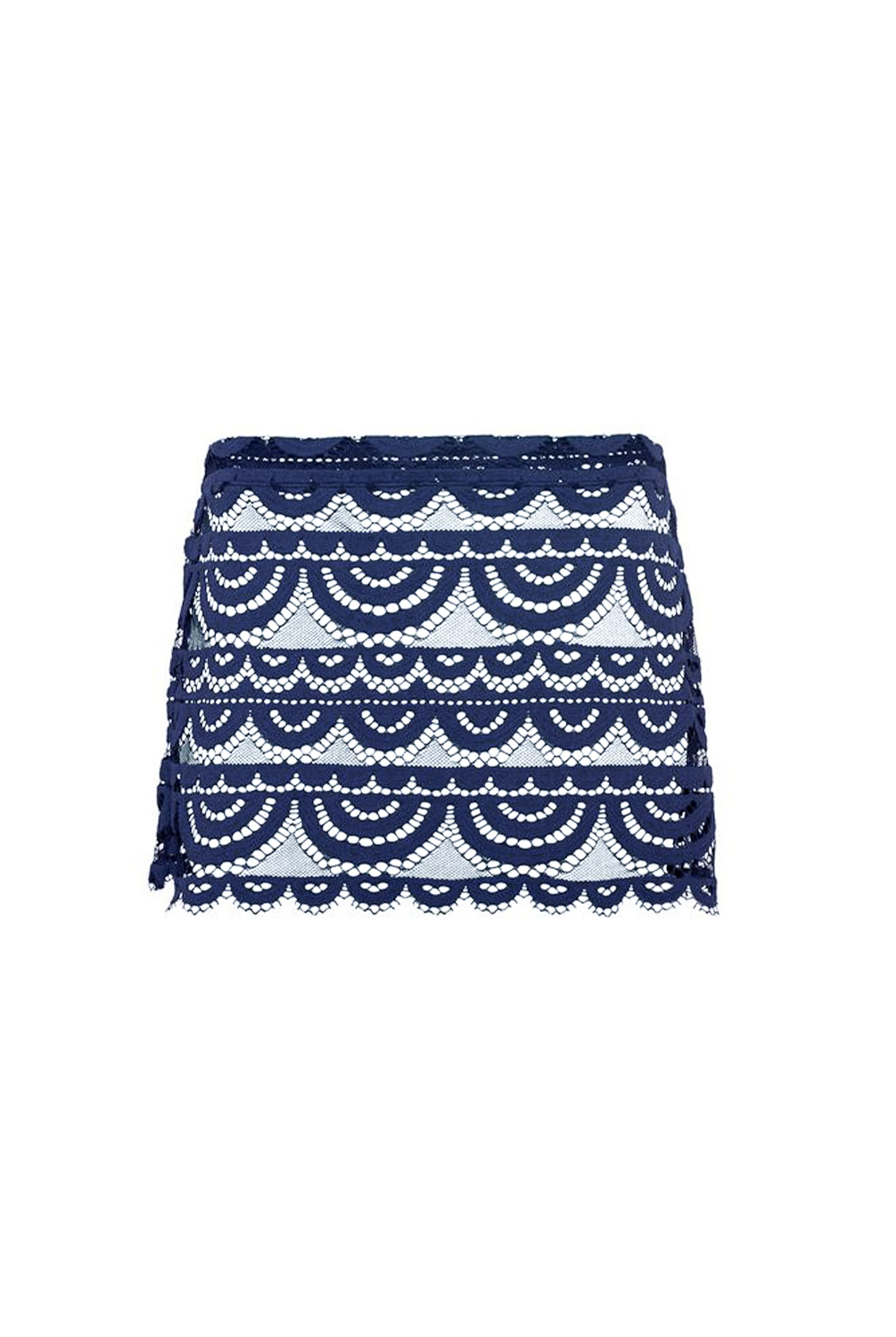 A navy blue lace mini skirt with scalloped edges, shown flat against a plain white background.