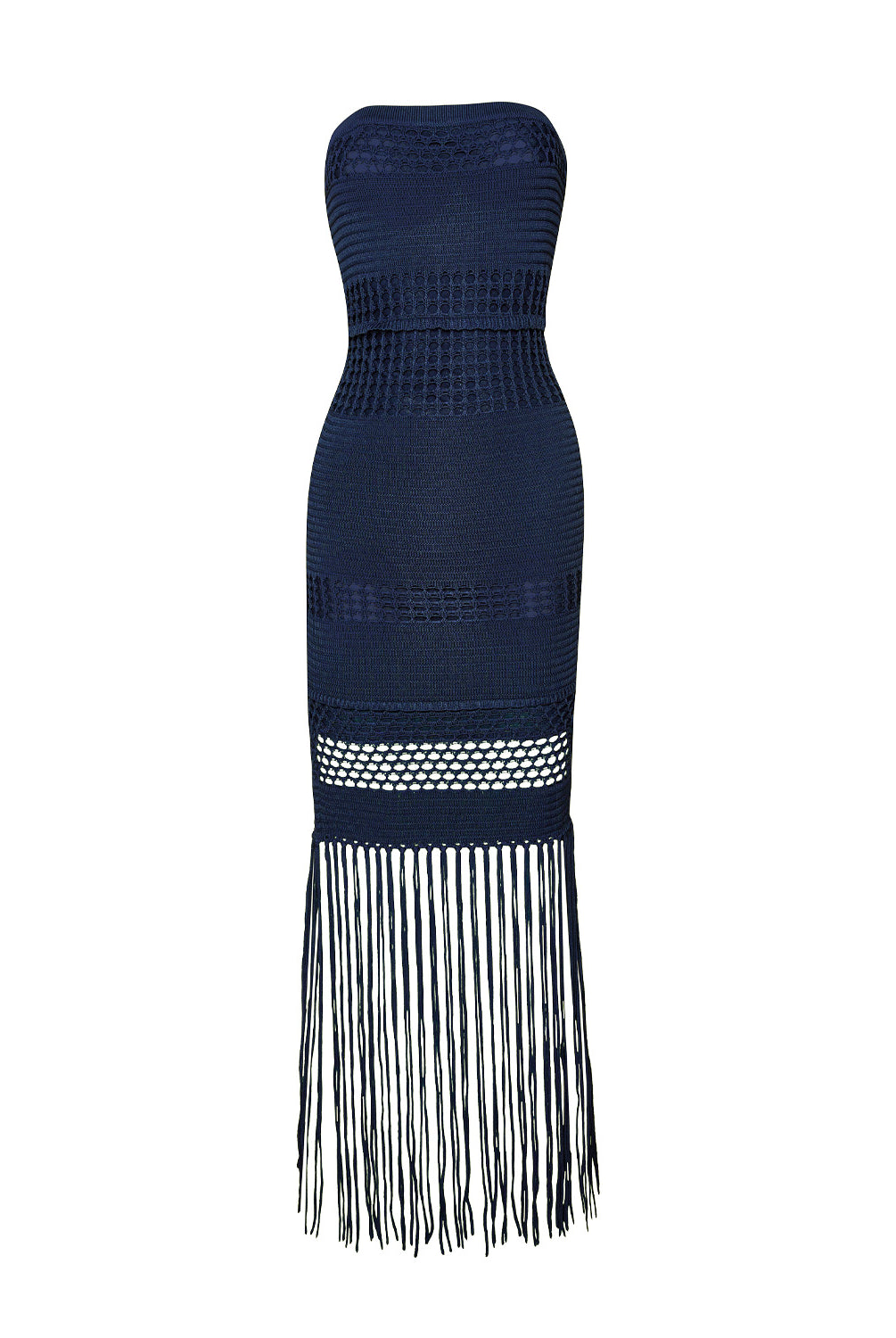 Navy Melissa Fringe Dress strapless fitted silhouette with fringe