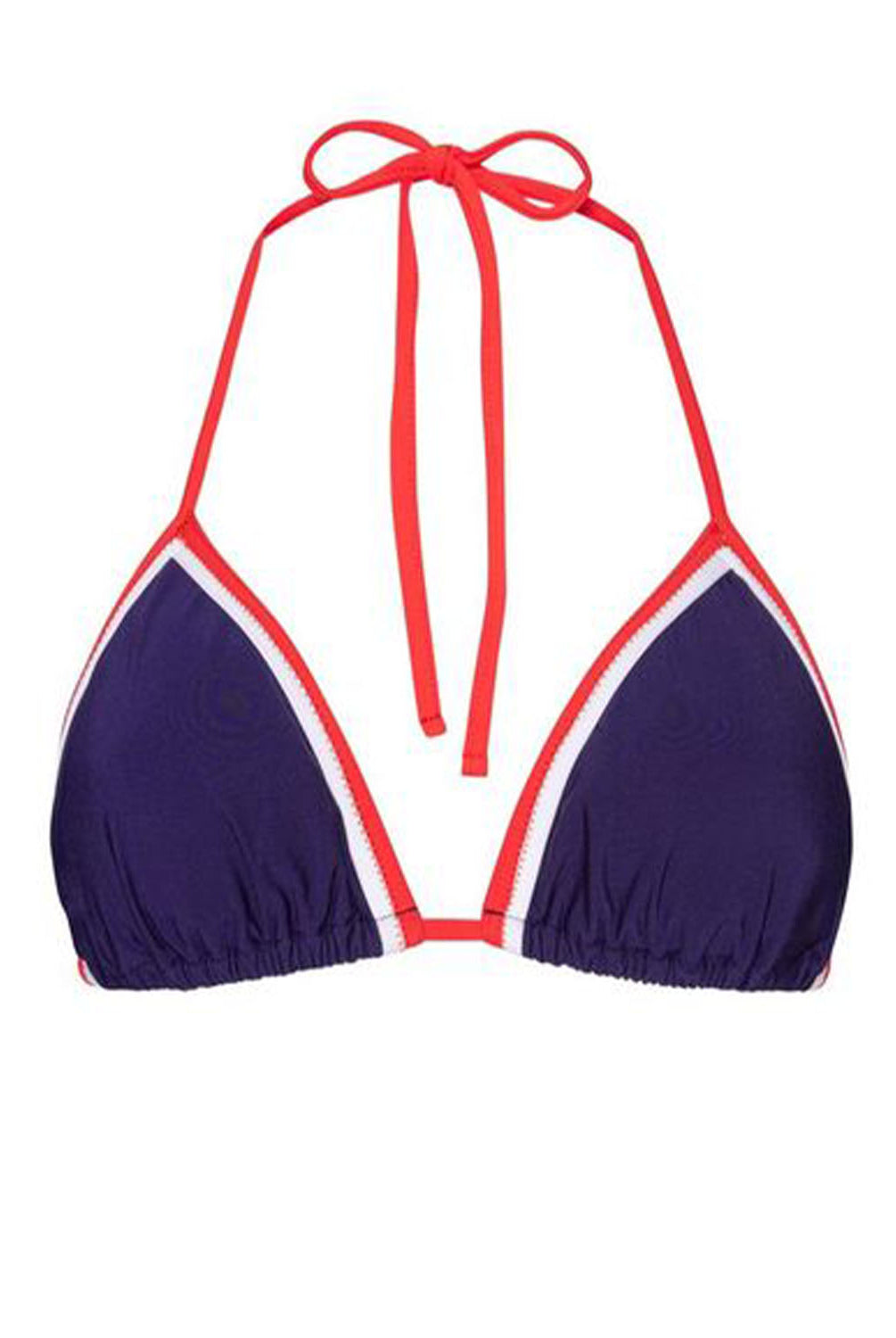 A navy triangle top bikini with red straps against a white wall.