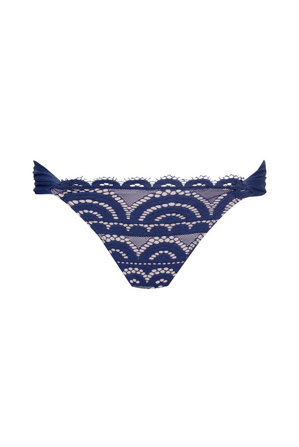 Navy blue lace bikini bottom with a scalloped trim shown against a plain white background.
