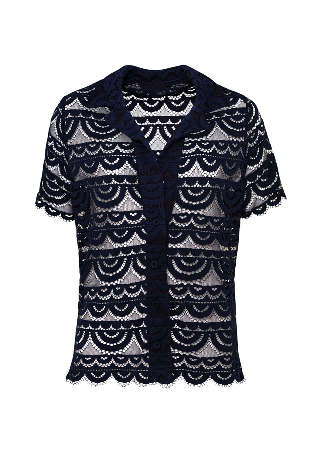 A navy lace button down shirt with scalloped hem against a white wall.