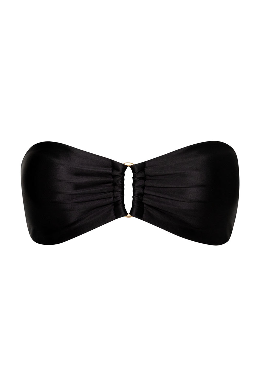 A black bandeau bikini top in front of a white wall.