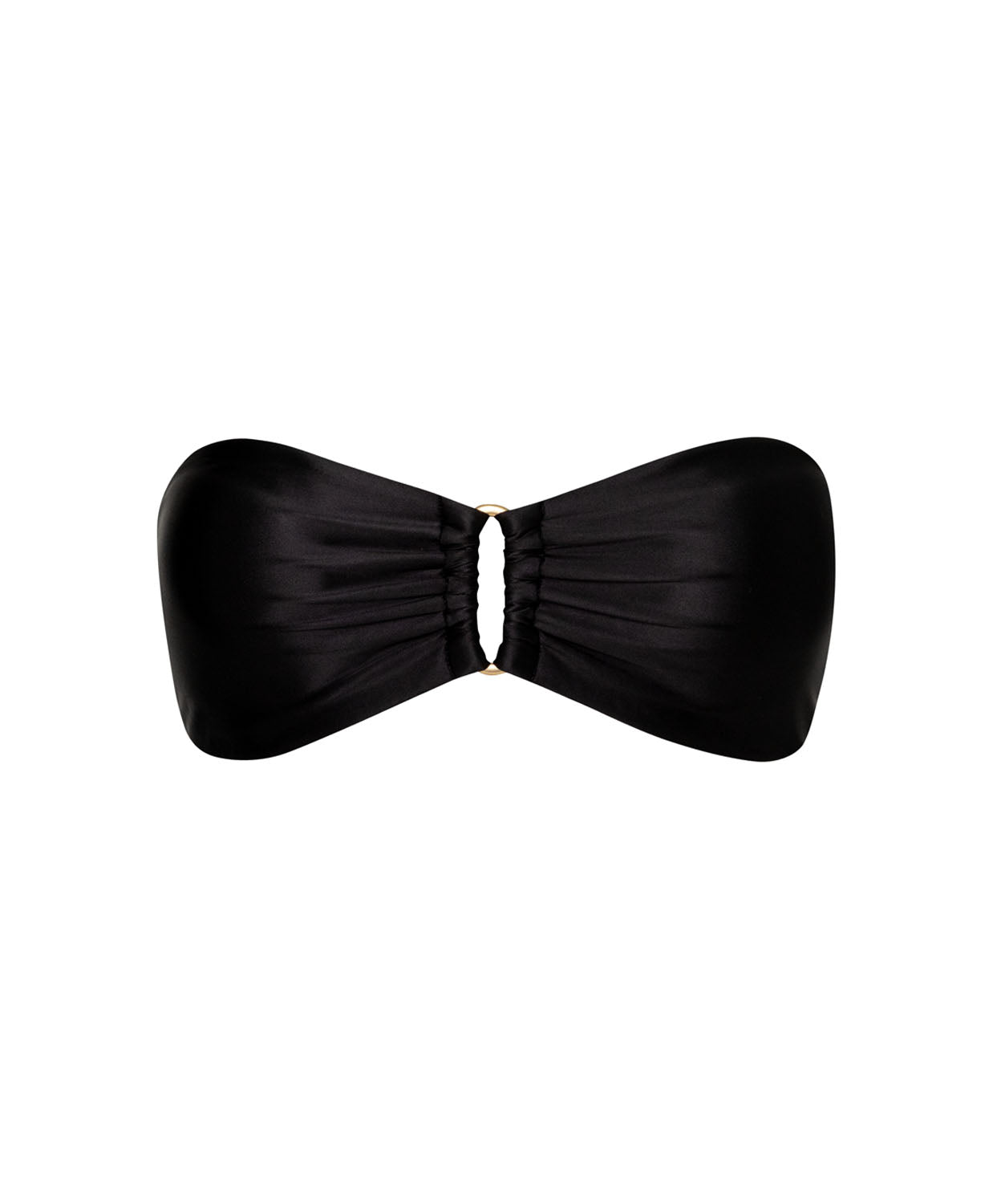 A black bandeau bikini top in front of a white wall.