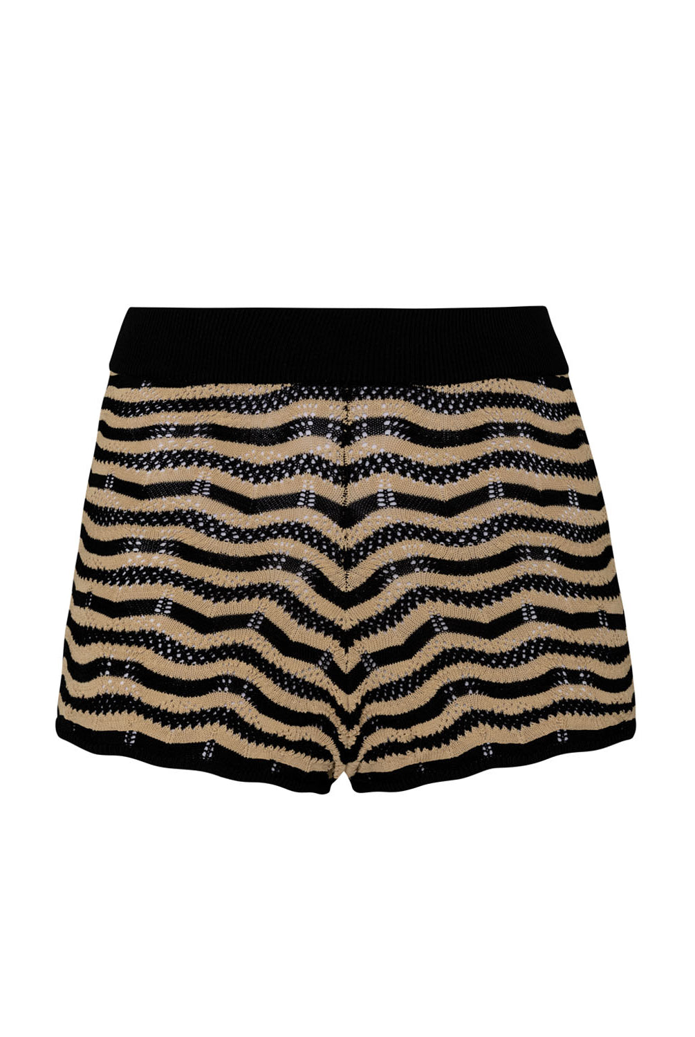 Tan and black striped shorts against a white wall.