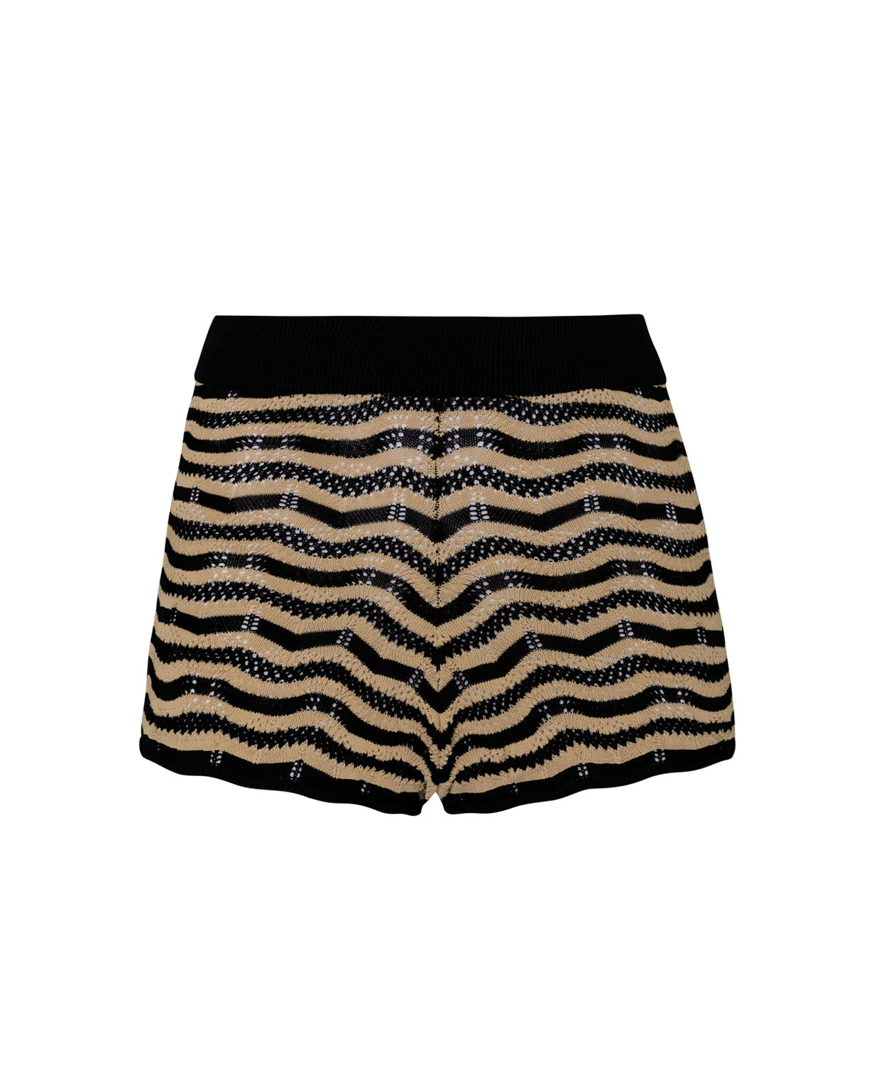 Tan and black striped shorts against a white wall.