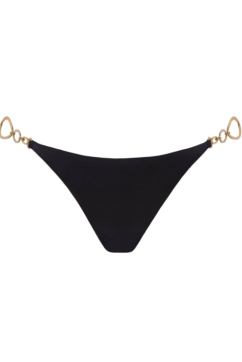 A black bikini bottom with gold details against a white wall.