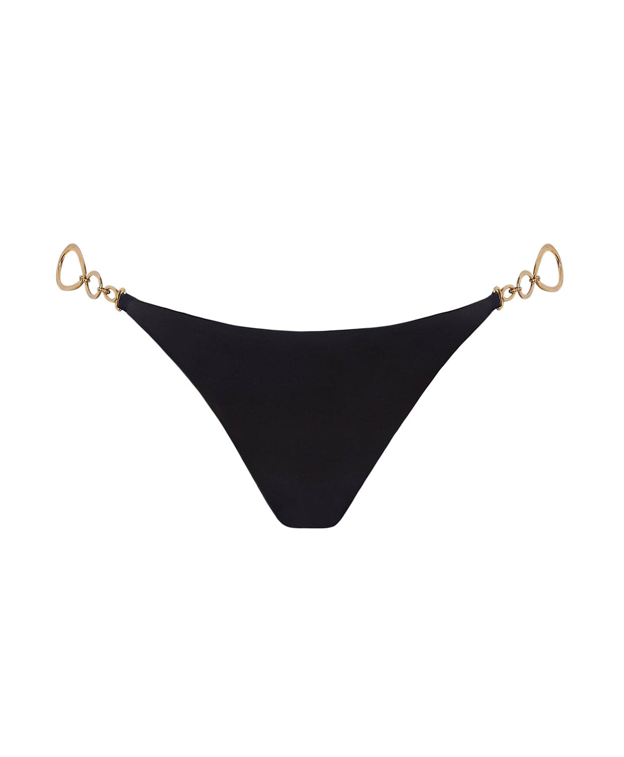 A black bikini bottom with gold details against a white wall.