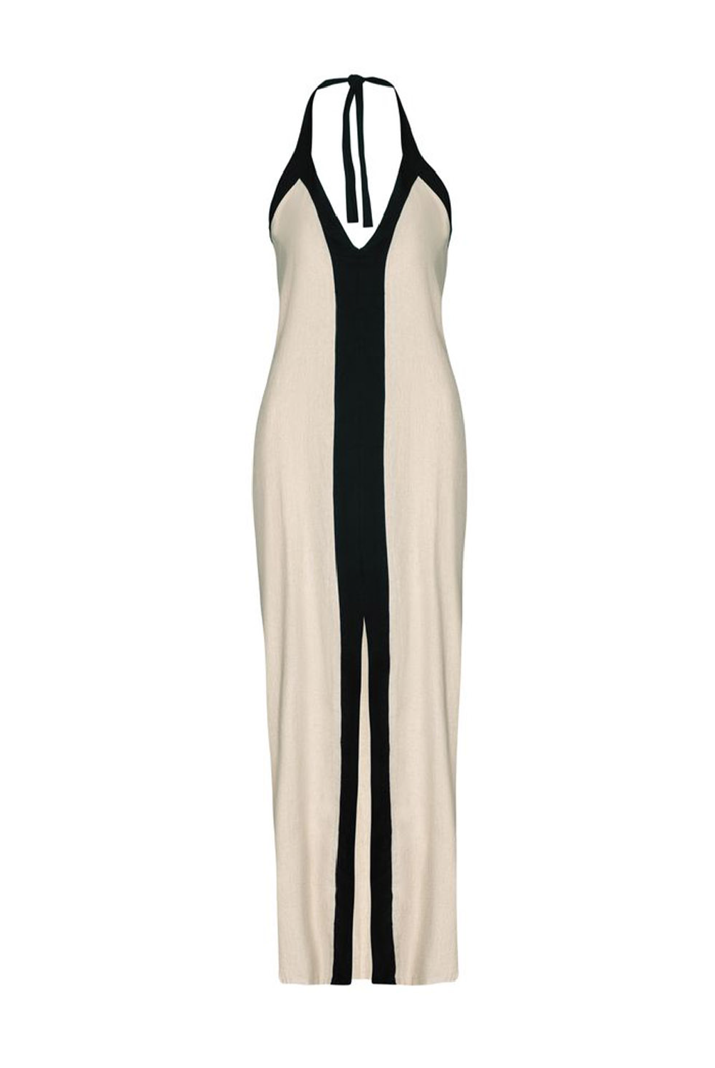A sleeveless halter-neck maxi dress in beige with a bold black vertical stripe down the front and black trim at the neckline and back, shown on a plain white background.