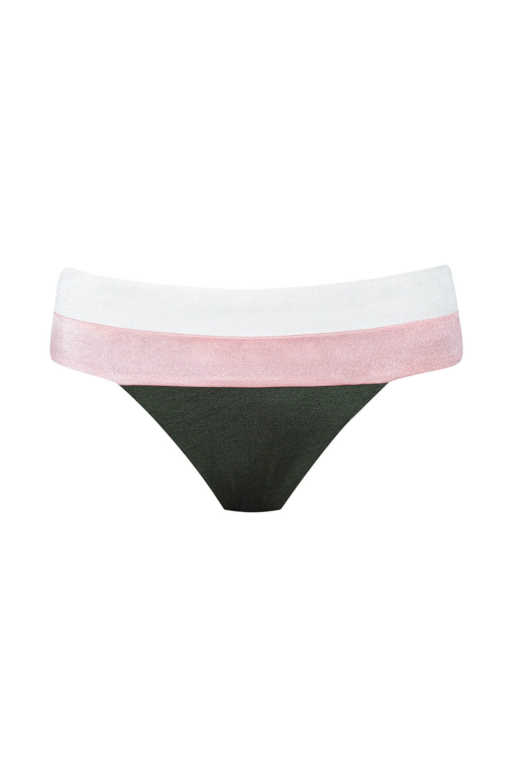Bikini bottom with a pink and white waistband on a white background