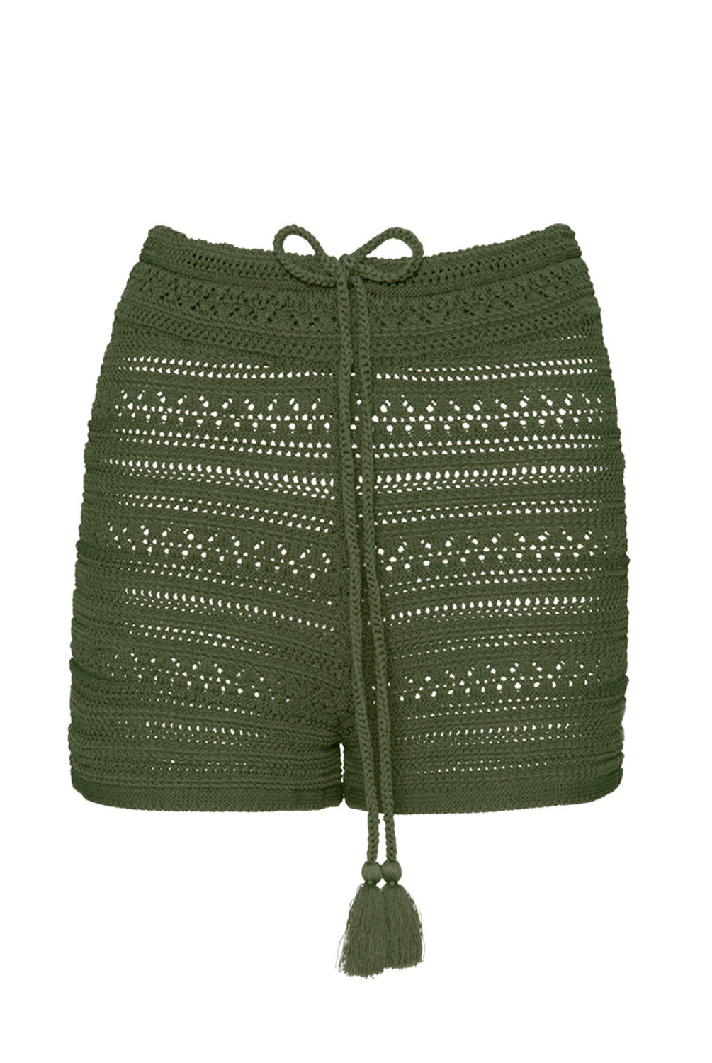 Green crochet shorts against a white wall.