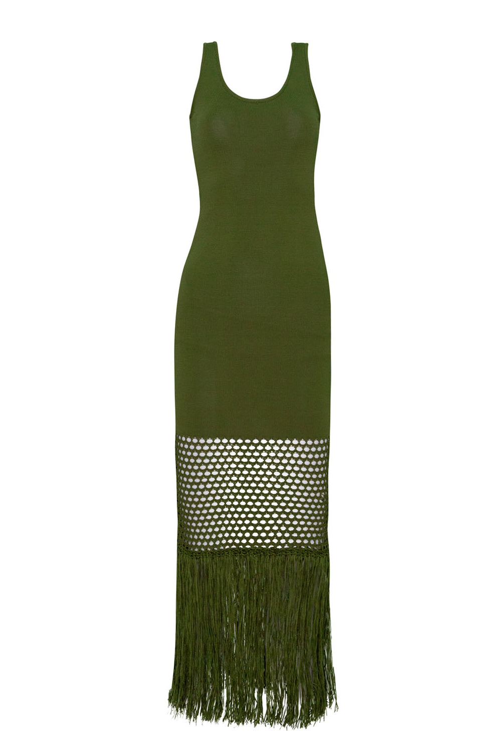 A green long dress with fringe against a white wall.