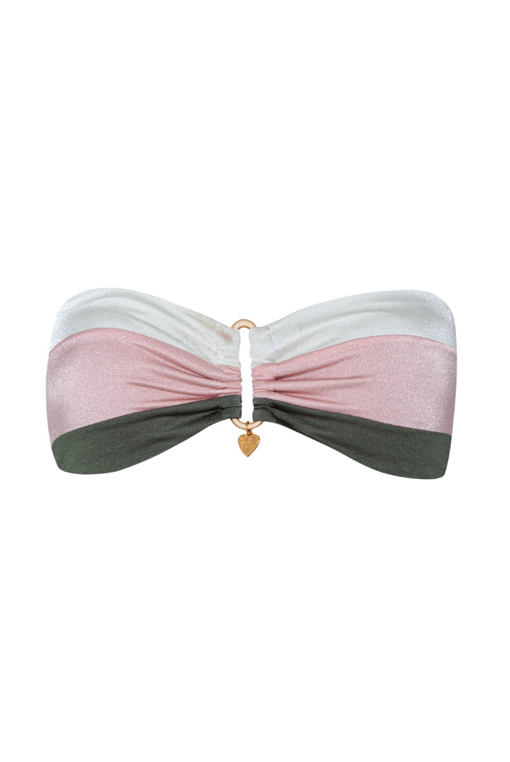 Color block bandeau top with a heart charm on a white background