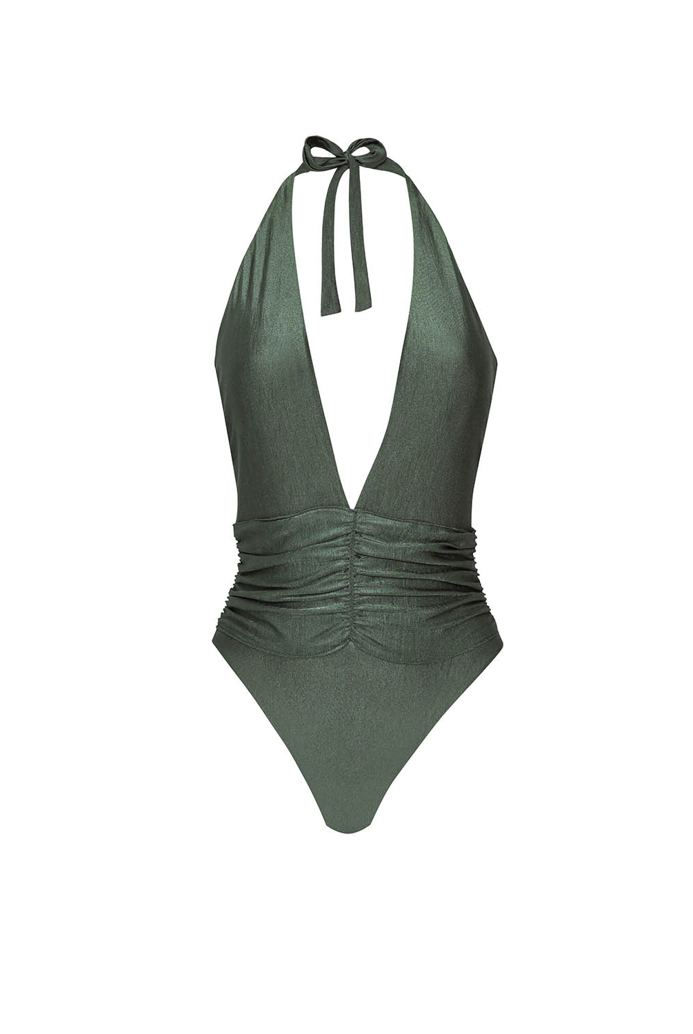 Green halter neck one piece swimsuit on a white background