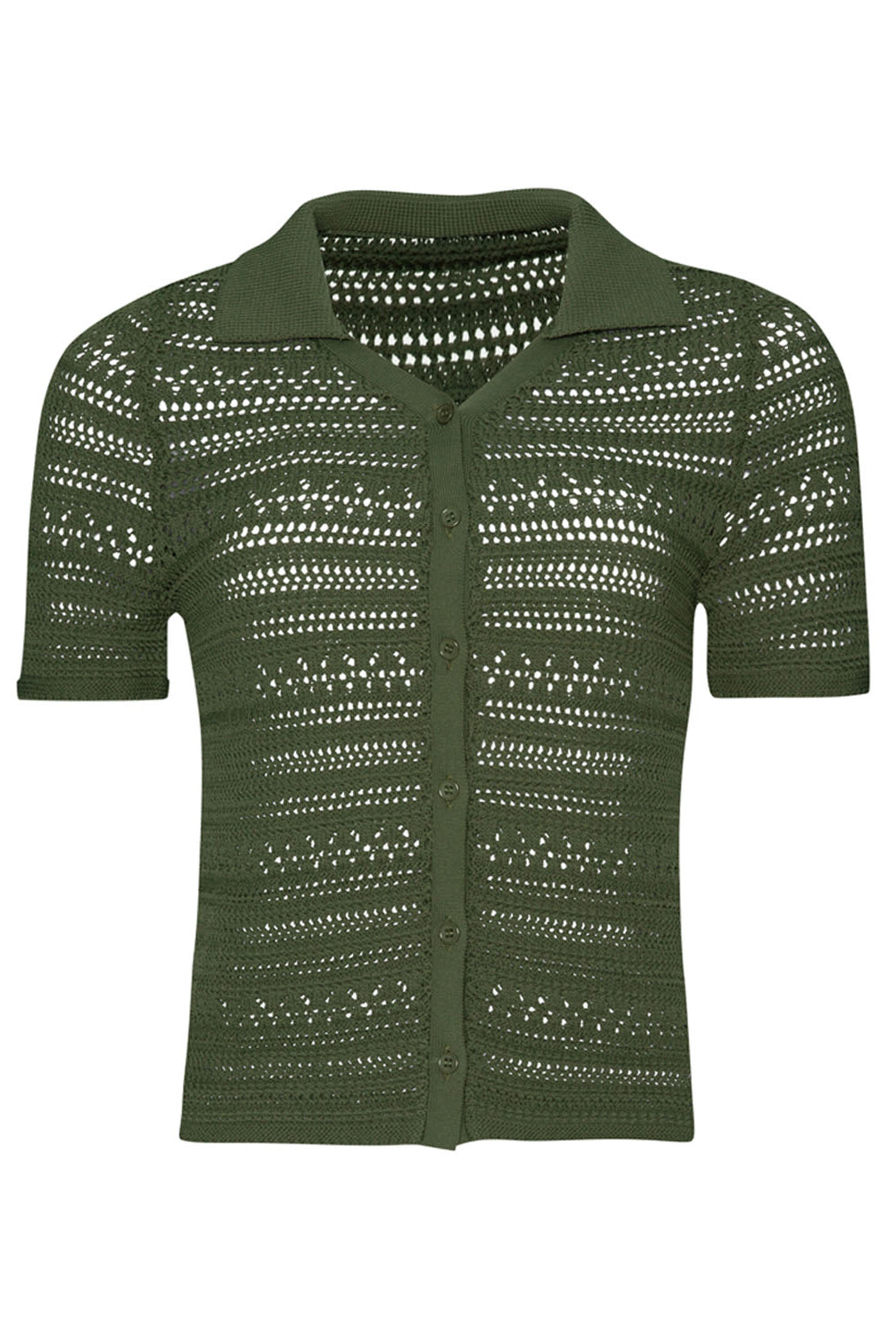 A green crochet short sleeve shirt against a white wall.