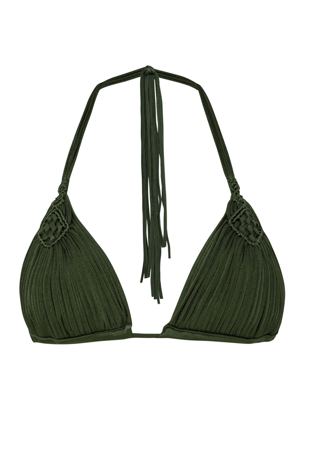 A green triangle bikini top against a white wall.
