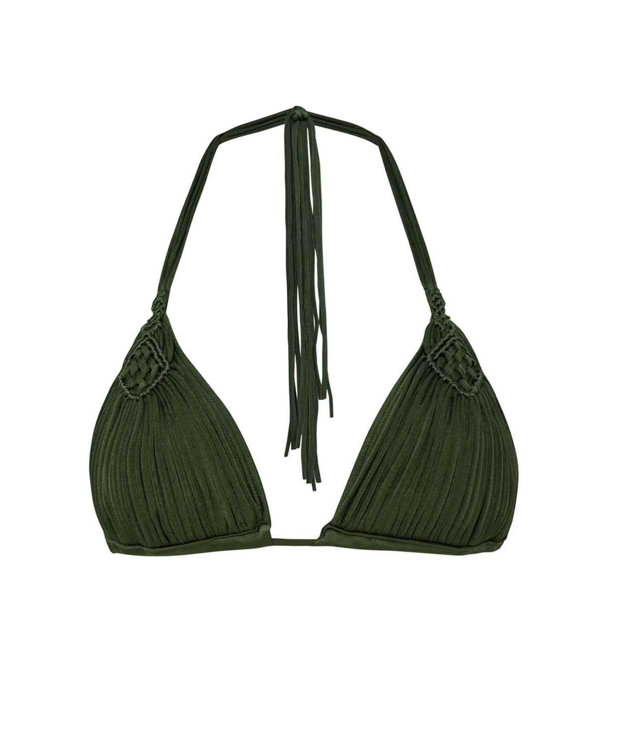 A green triangle bikini top against a white wall.