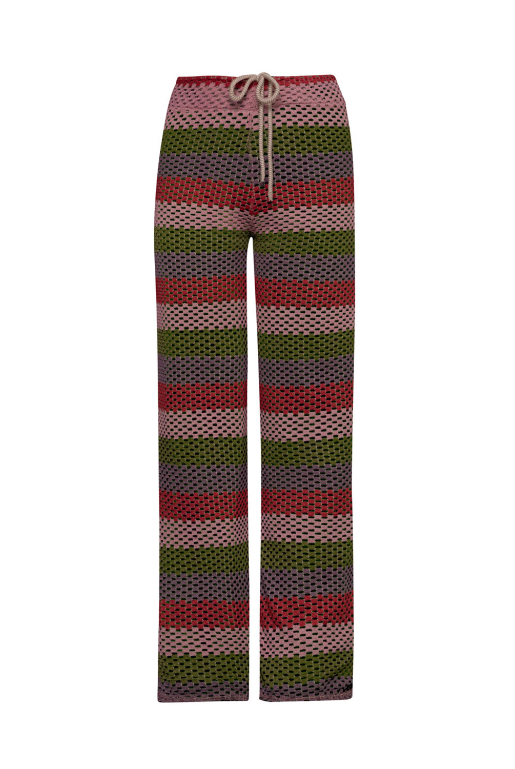 Long color block crochet pants against a white wall.