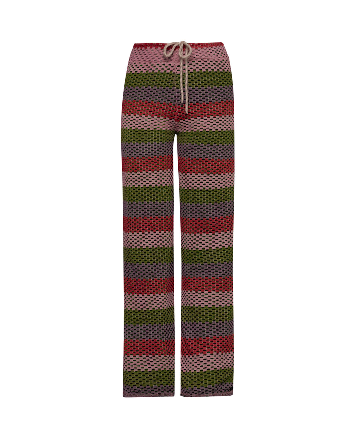 Long color block crochet pants against a white wall.