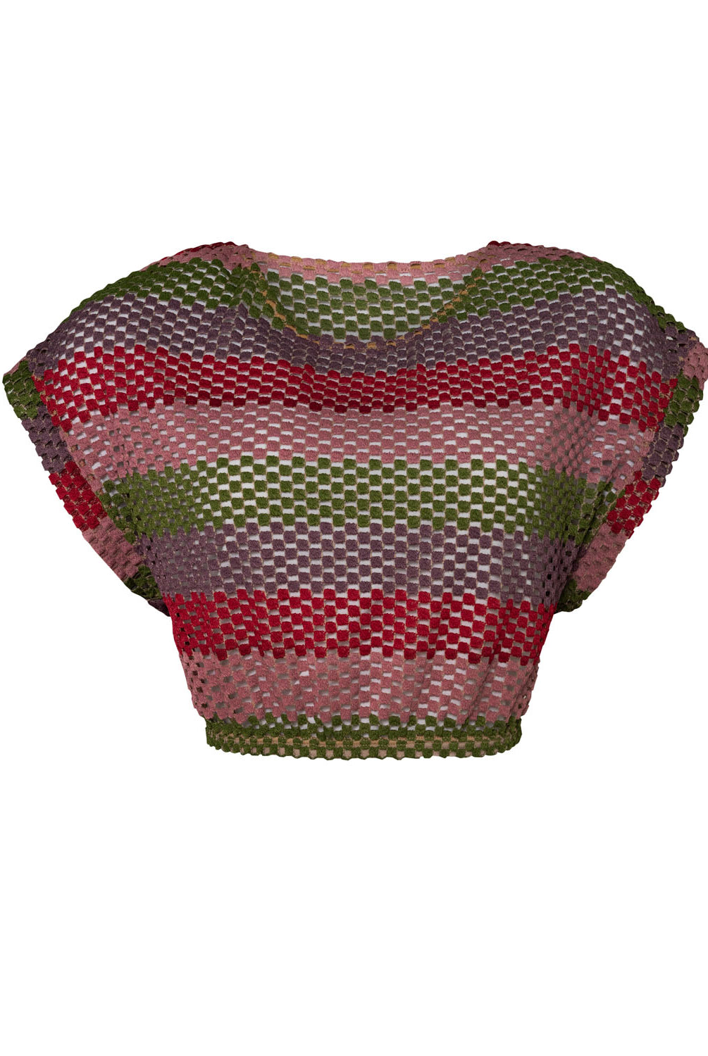 A color block crochet crop top against a white wall.