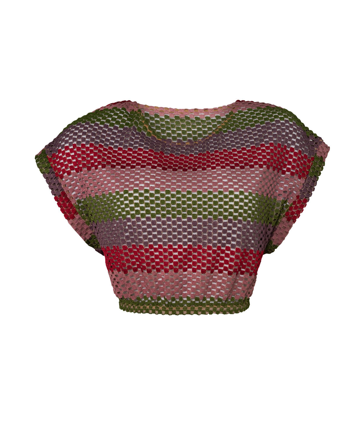 A color block crochet crop top against a white wall.