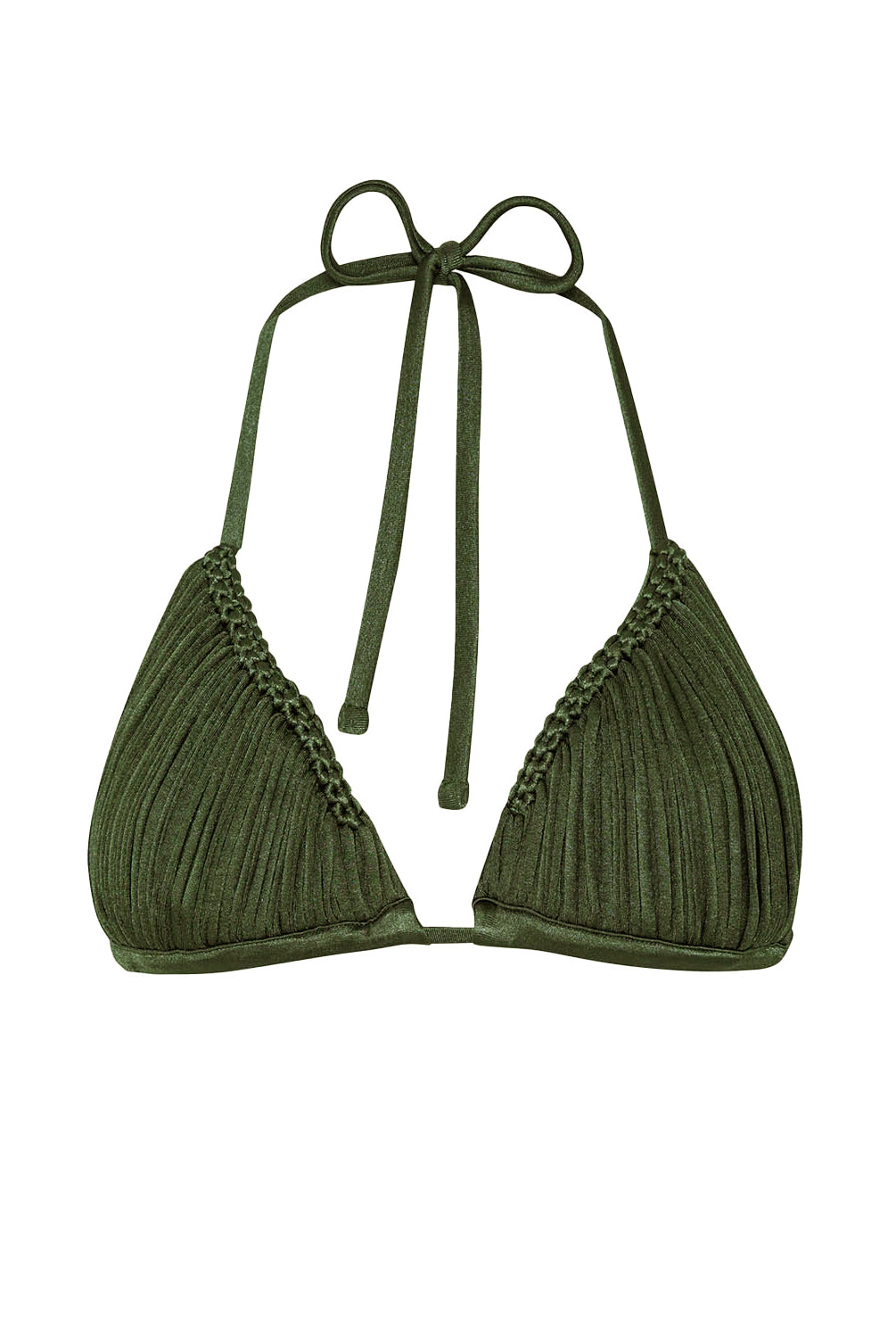 Green bikini top with thin straps on a white background