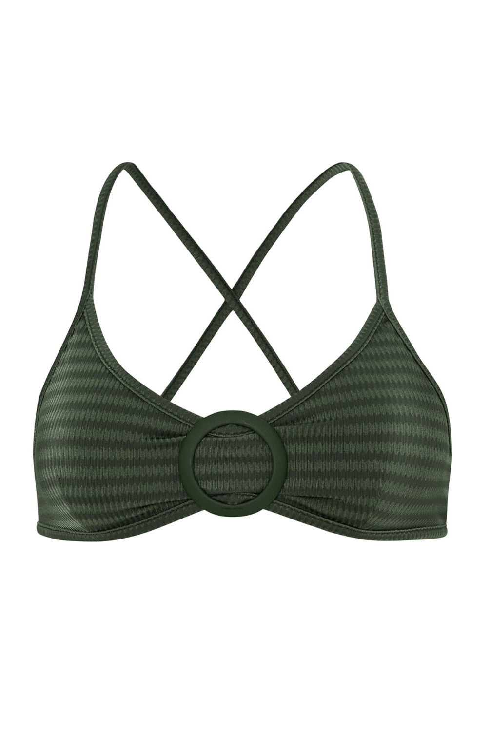 A green bikini top against a white wall.