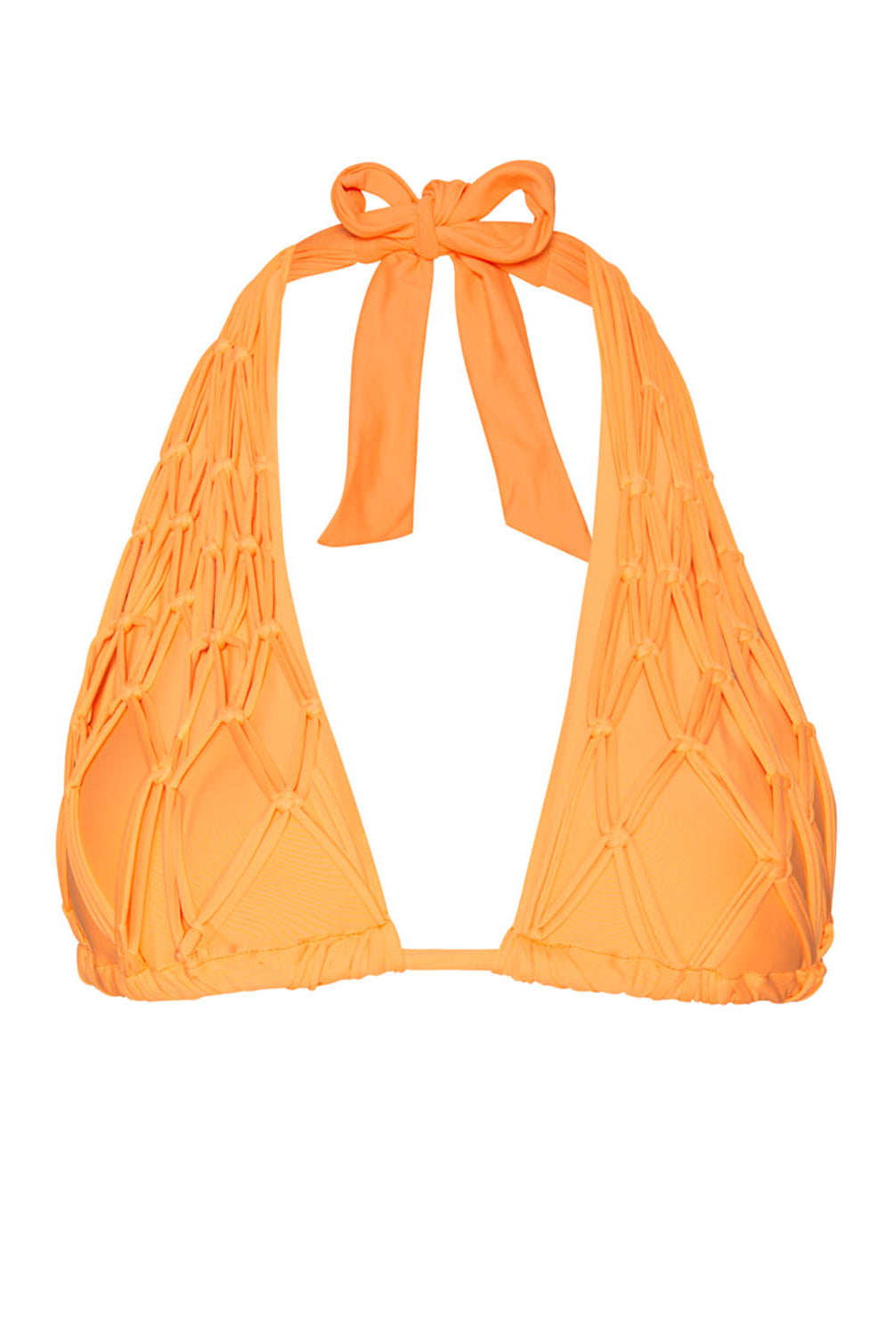 An orange bikini halter top against a white wall.