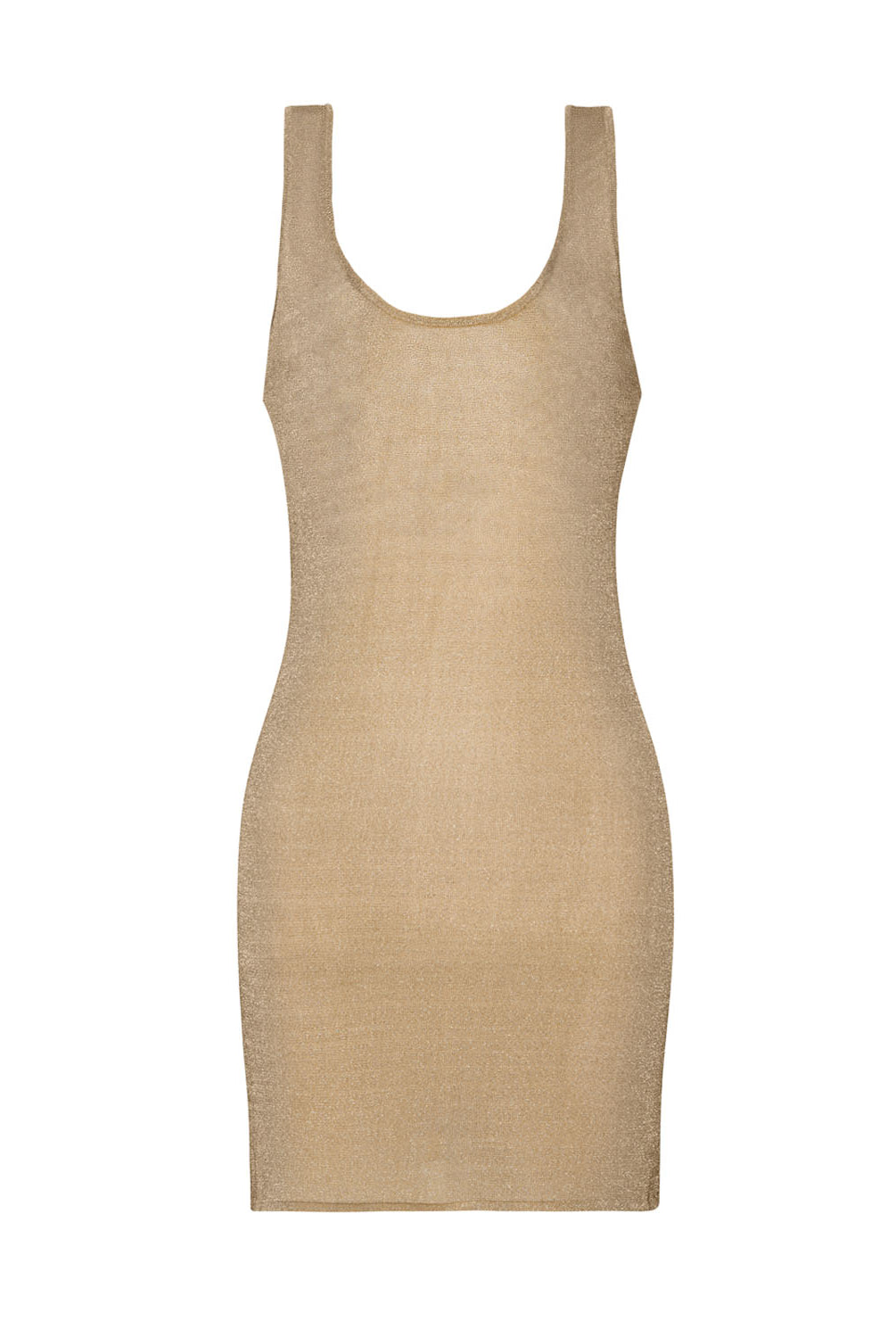 A tan mini dress with a shimmer against a white wall.