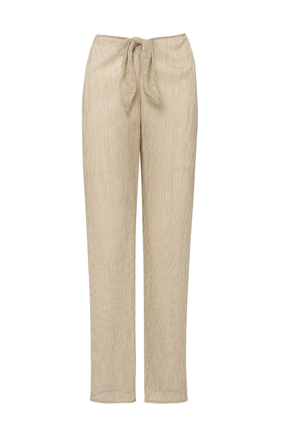 Long gold pants against a white wall background.