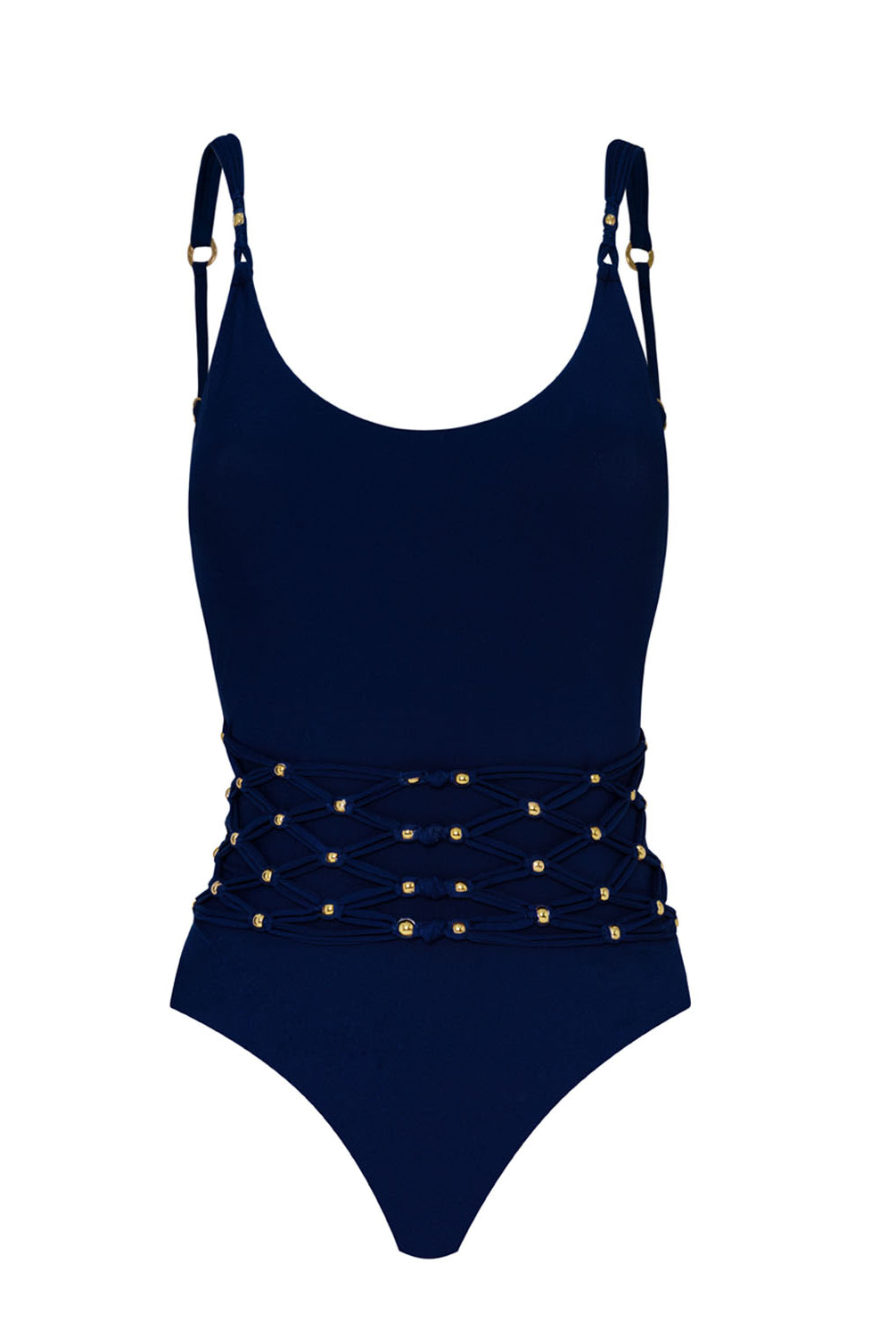 A navy one piece swimsuit against a white wall.