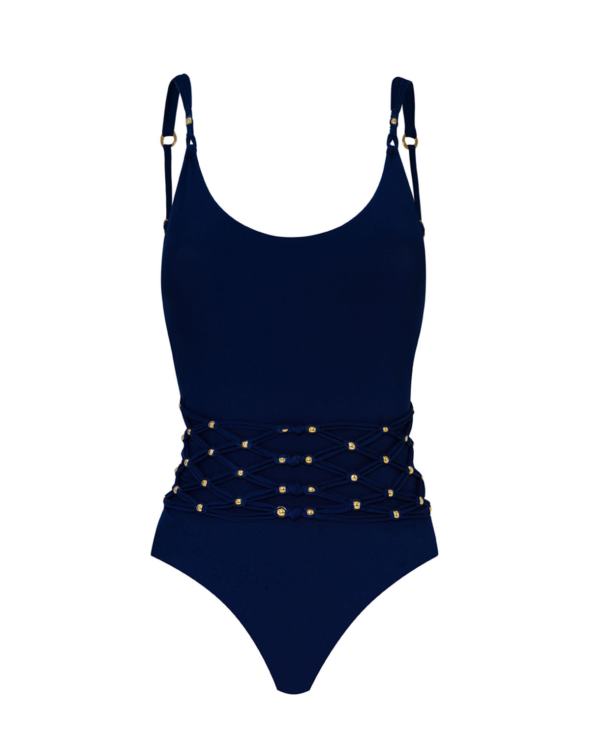 A navy one piece swimsuit against a white wall.